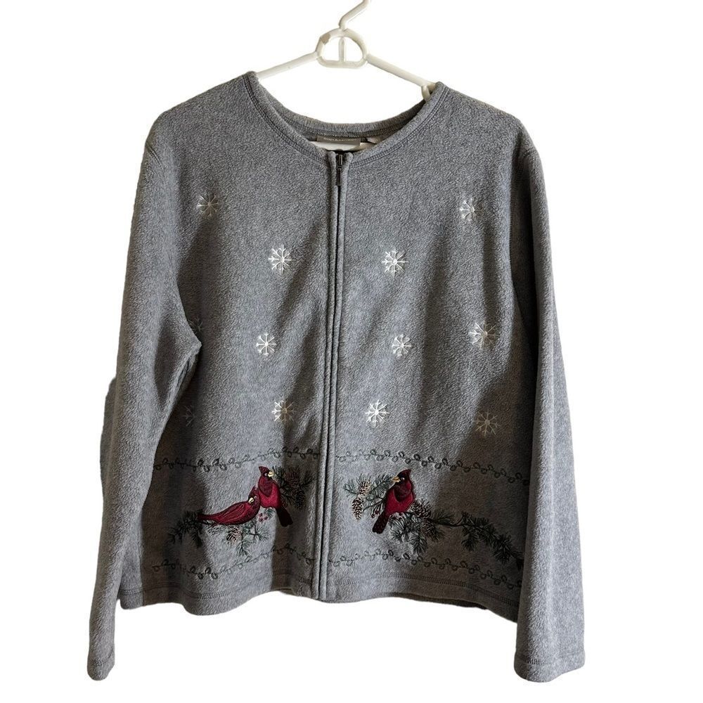 Croft & Barrow Christmas Cardinals Embroidered‎ Gray Full Zip  Fleece Cardigan
